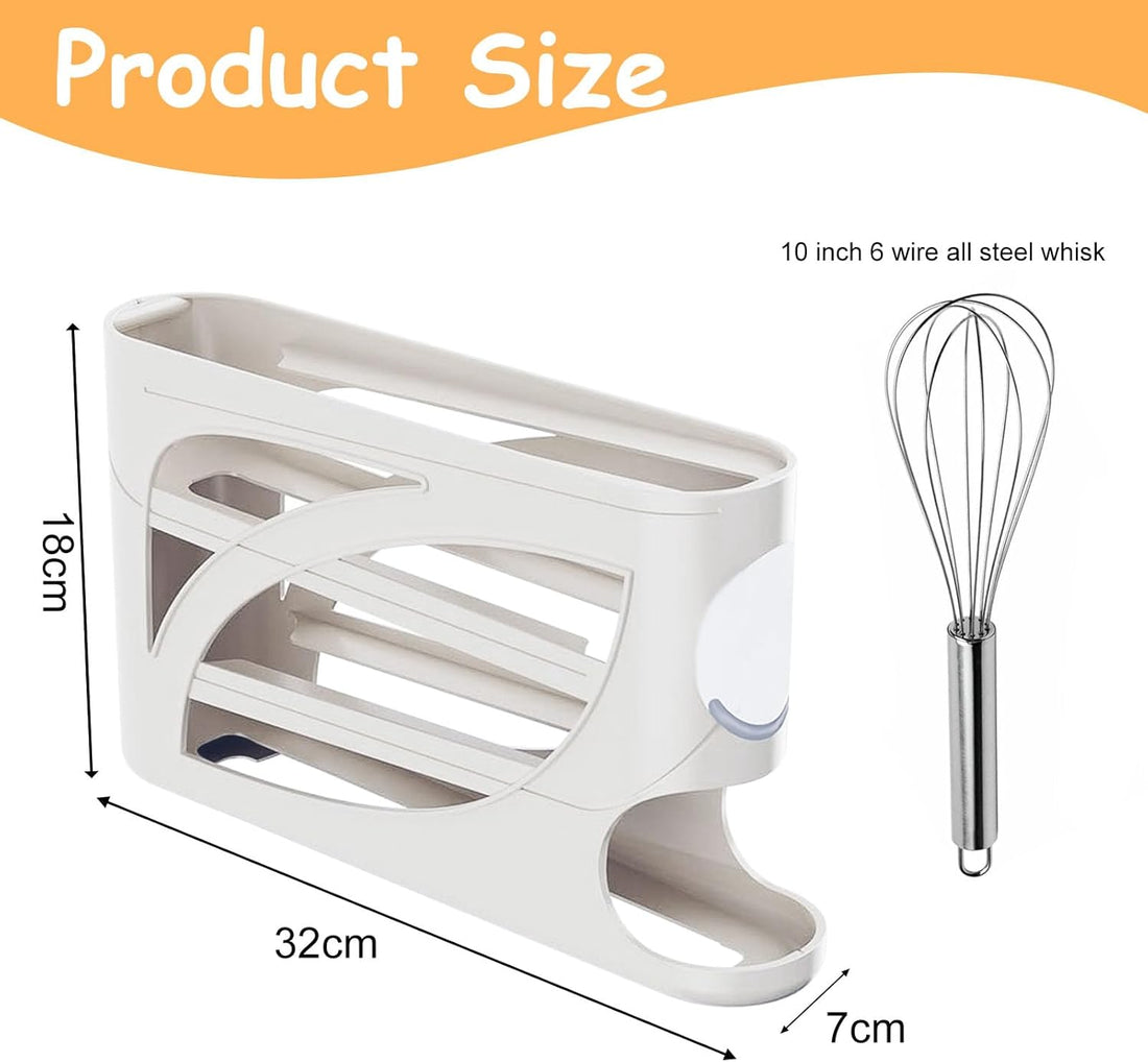4-Tier Auto Rolling Egg Dispenser, Automatic Rolling Egg Dispenser Holder Storage with Whisk for Fridge Kitchen Refrigerator Table (White)