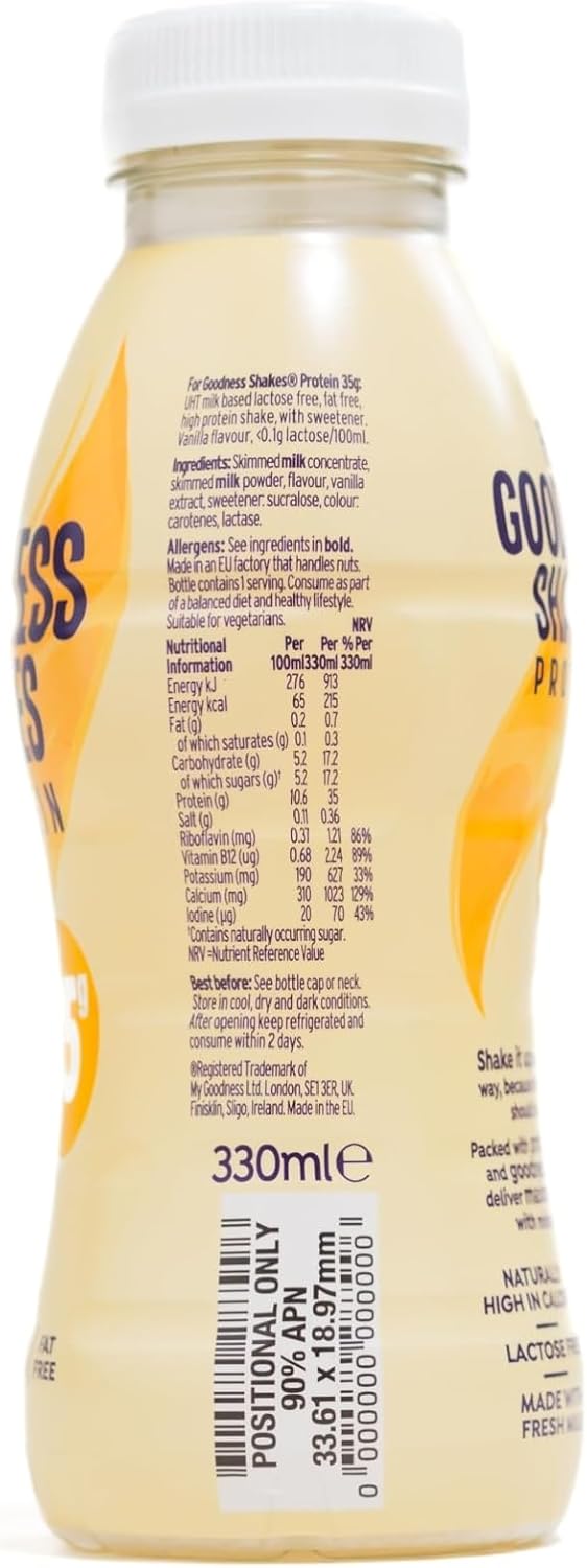 For Goodness Shakes Vanilla Protein Shakes, 35g Protein, High Protein, Fat-Free, Ready-To-Drink, No Added Sugar, Gluten-Free, Pre & Post Workout, 8 x 330ml