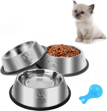 Stainless Steel Cat Bowls, 3 Pack Metal Cat Food Bowls, Non-Slip Pet Feeding Bowl with Rubber Base for Kitten Small Medium Dog