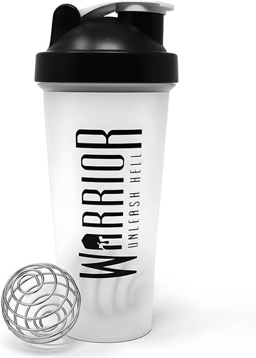 Warrior Protein Shaker Bottle, 600ml with Wire Mixball Blender – Leakproof Clear Gym Bottle for Mixing Whey Protein Shake, Smoothies, Milkshake, Juice, Supplement Drinks – BPA Free, Dishwasher Safe