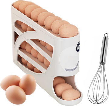 4-Tier Auto Rolling Egg Dispenser, Automatic Rolling Egg Dispenser Holder Storage with Whisk for Fridge Kitchen Refrigerator Table (White)