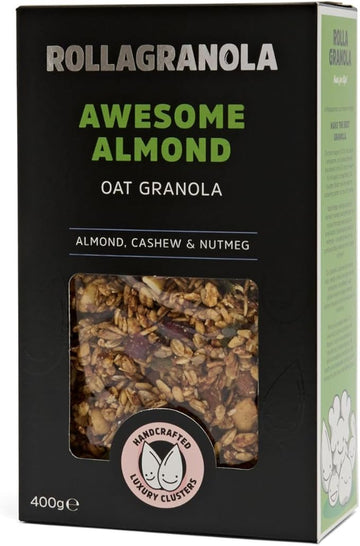 Rollagranola - Awesome Almond Oat Granola 400g Pack. 100% Natural, Made With Gluten Free Oats. Suitable For A Vegan Diet With No Added Sugar. Handcrafted In The UK- 1x400g Pack