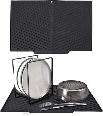 Echehi Silicone Dish Drying Mat with Built-in Drain Lip, 42.5 x 31.5 cm V-Shaped Dish Drainer Mat with Non-Slip Design, BPA-Free and Easy to Clean. Black