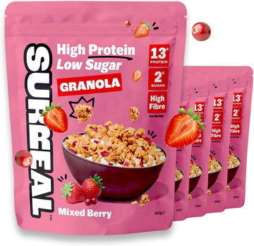 Surreal High Protein Low Sugar Granola - 13g Protein Vegan Snack or Breakfast Cereal - High Fibre, Plant-Based Granola Clusters 300 g (5 Packs, Mixed Berry)