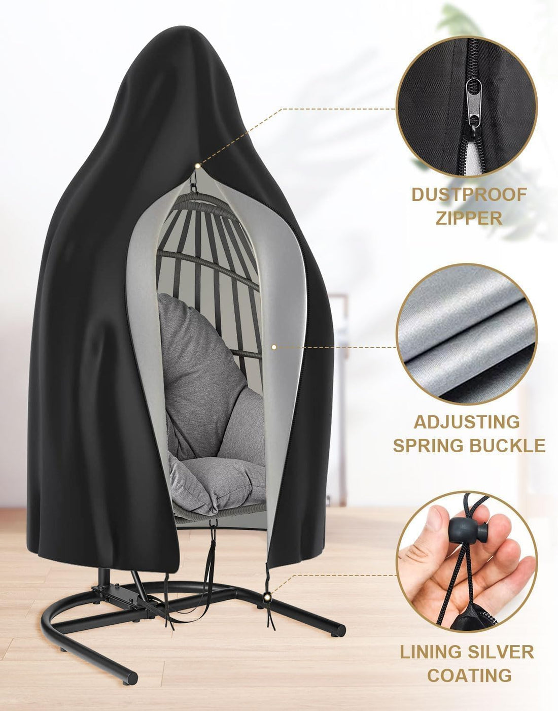Egg Chair Cover Waterproof, Patio Hanging Egg Chair Covers, 210D Heavy Duty Oxford with Zipper & Drawstring, Garden Hanging Swing Cover, Windproof, UV Resistant, Insect Resistant 190 x 115cm