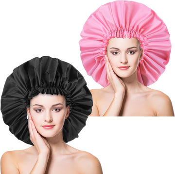 2 PCS Large Shower Cap for Braids - Waterproof Shower Cap for Women, Reusable XL Plastic Shower Caps Jumbo Bath Bonnet for Long Thick Curly Hair, Locs, Twist Braids (Black&Pink)