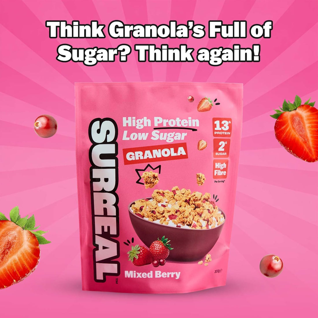 Surreal High Protein Low Sugar Granola - 13g Protein Vegan Snack or Breakfast Cereal - High Fibre, Plant-Based Granola Clusters 300 g (5 Packs, Mixed Berry)