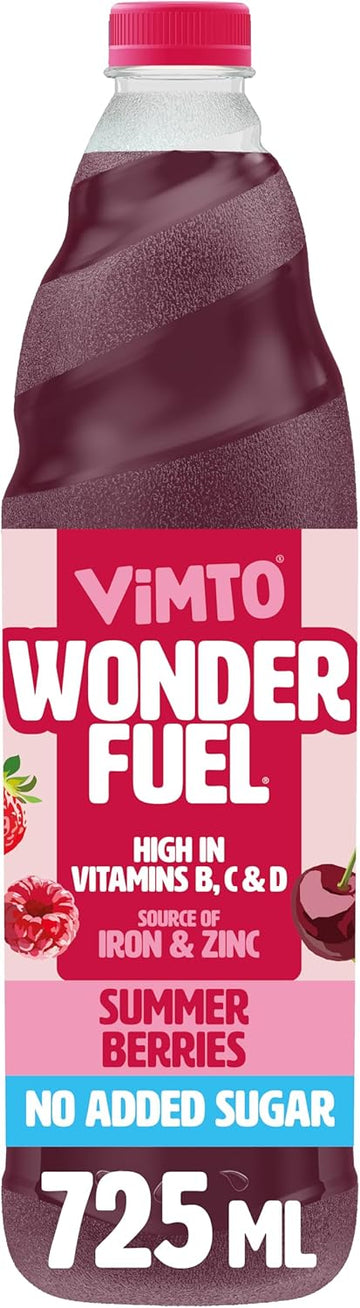 Vimto Wonderfuel Squash – No Added Sugar – Vitamins B, C & D – Iron & Zinc – 725ml – Breakfast Functional Drink – Summer Berries