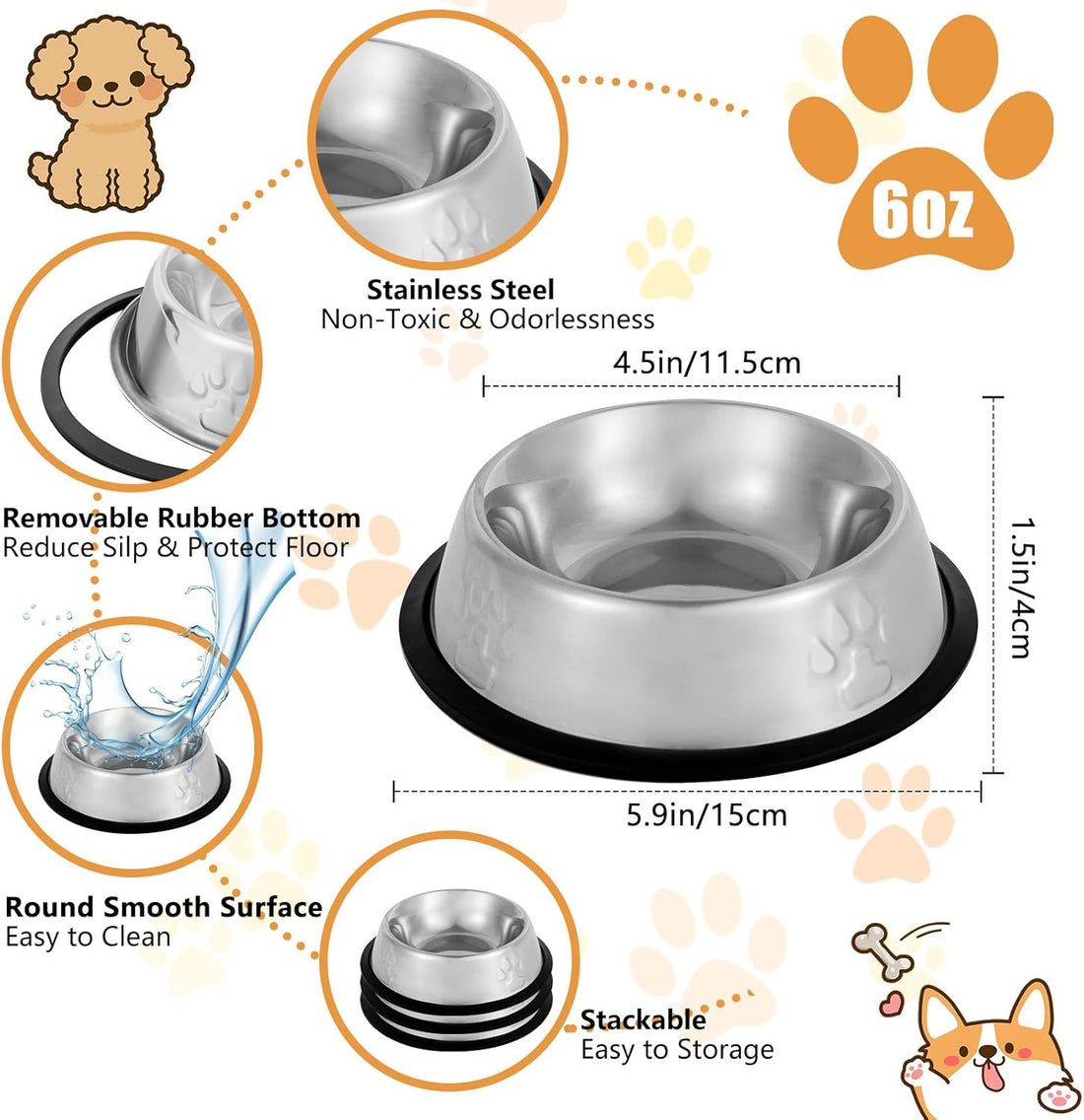 Stainless Steel Cat Bowls, 3 Pack Metal Cat Food Bowls, Non-Slip Pet Feeding Bowl with Rubber Base for Kitten Small Medium Dog