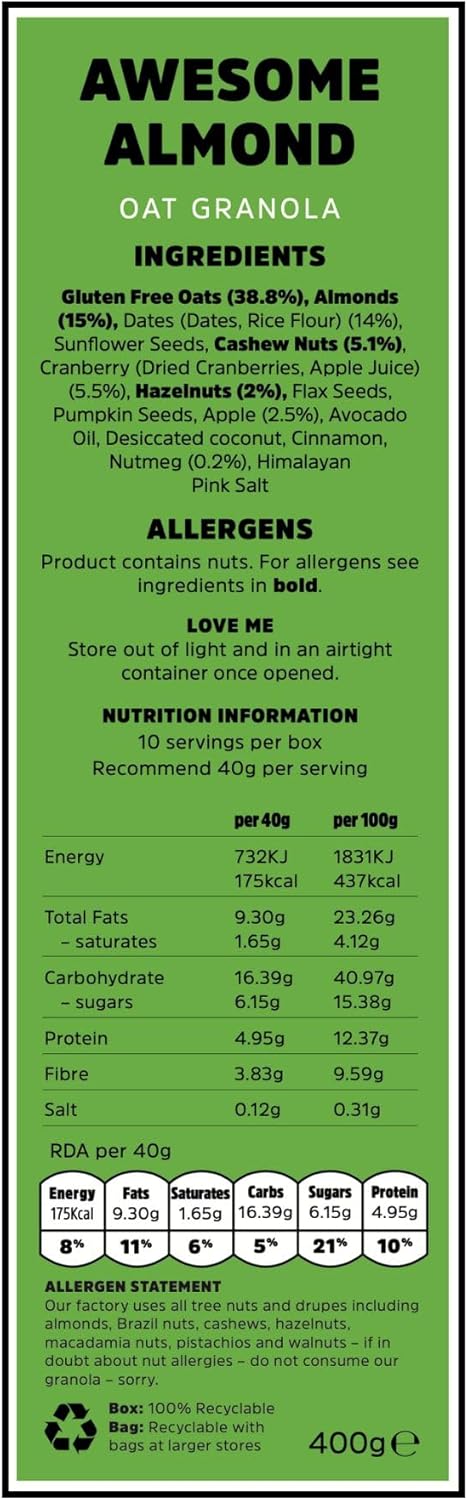 Rollagranola - Awesome Almond Oat Granola 400g Pack. 100% Natural, Made With Gluten Free Oats. Suitable For A Vegan Diet With No Added Sugar. Handcrafted In The UK- 1x400g Pack