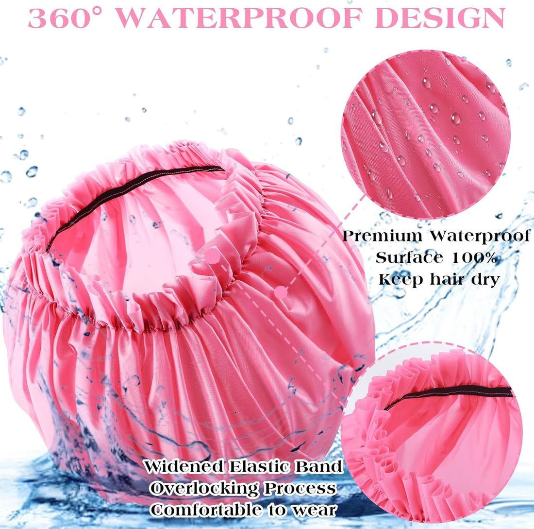 2 PCS Large Shower Cap for Braids - Waterproof Shower Cap for Women, Reusable XL Plastic Shower Caps Jumbo Bath Bonnet for Long Thick Curly Hair, Locs, Twist Braids (Black&Pink)