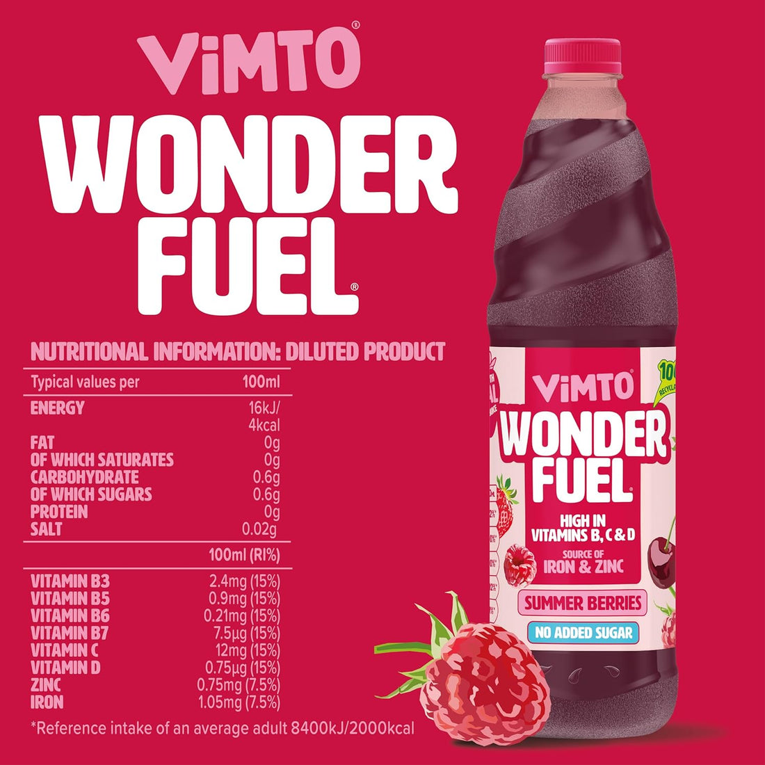Vimto Wonderfuel Squash – No Added Sugar – Vitamins B, C & D – Iron & Zinc – 725ml – Breakfast Functional Drink – Summer Berries